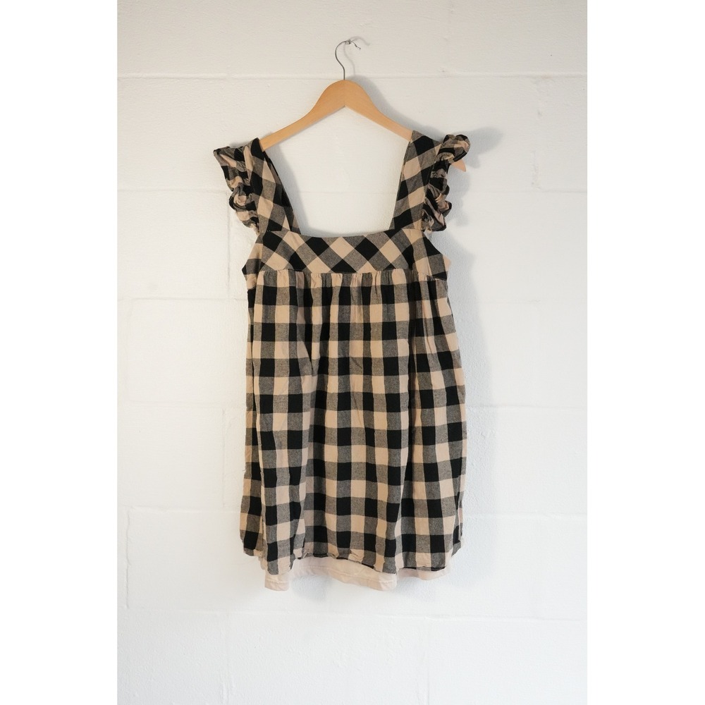 Entro Babydoll Top Women Large Tan Black Gingham Ruffle Sleeve Smocked Back